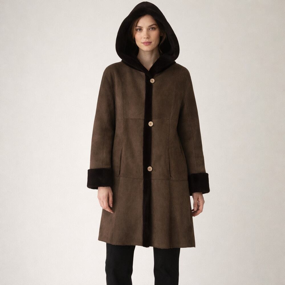 Marco Gianotti Shearling Reversable Coat Size 6 Hooded